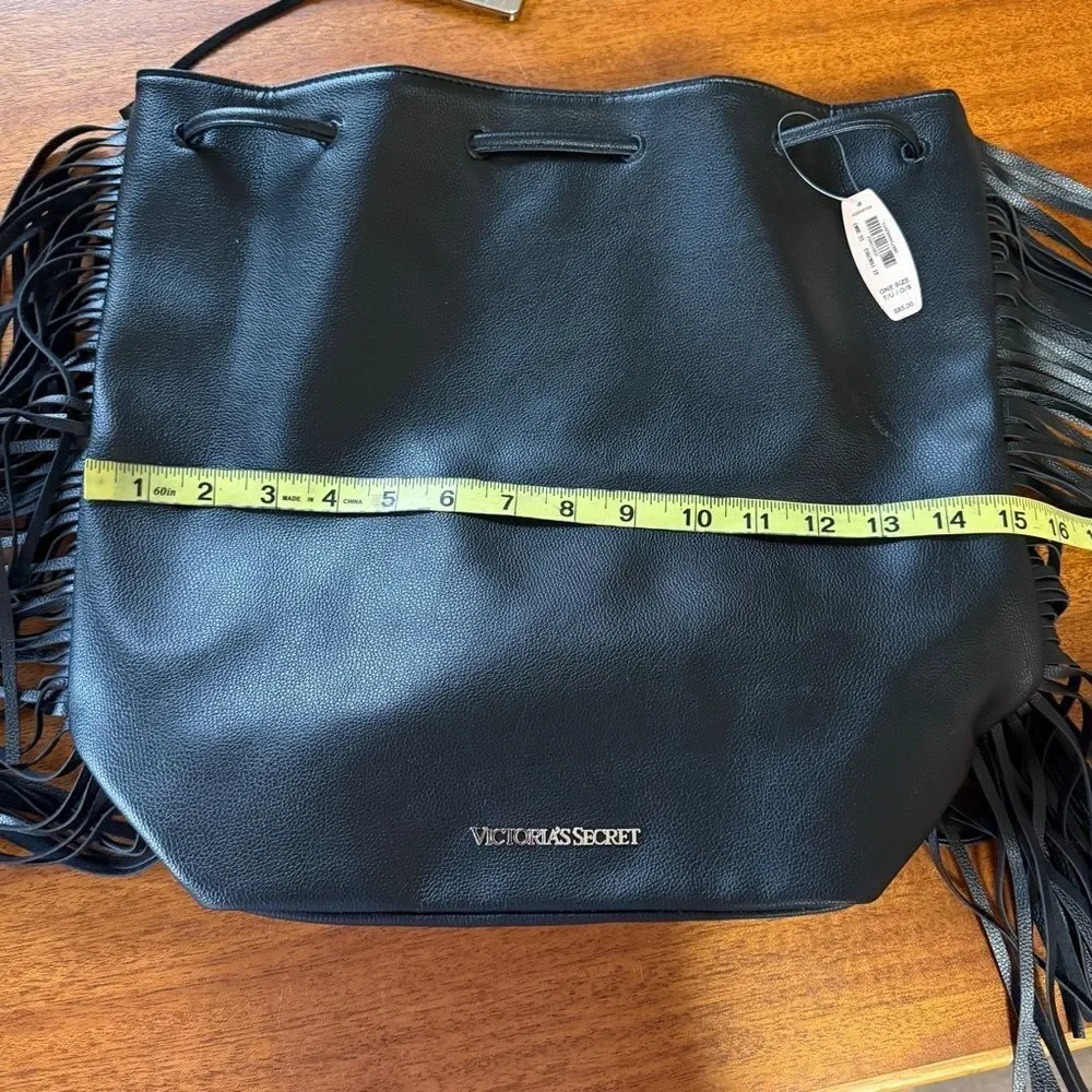 NWT Victoria’s Secret Women's Black Fringe Drawstring Backpack - Picture 5 of 10